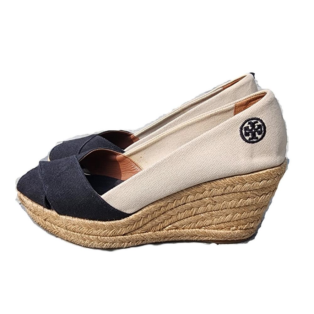Tory Burch Filipa Canvas Peep Toe Espadrille Wedges 9 - Picture 8 of 10